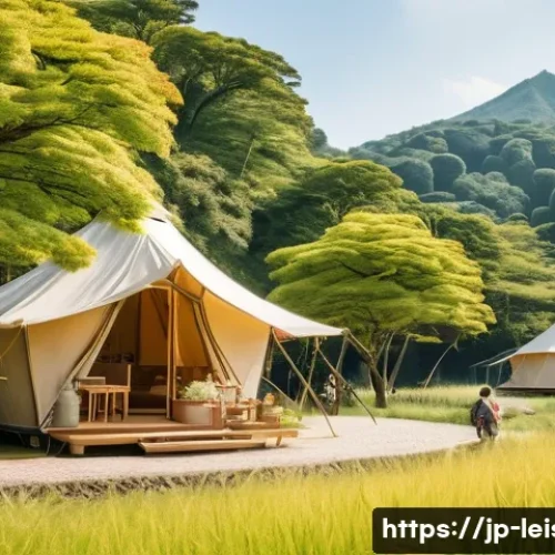 레저산업기사 관련 취업 시장 분석 - **Prompt:** A vibrant, sun-drenched scene at a modern, eco-friendly glamping site in rural Japan. Di...