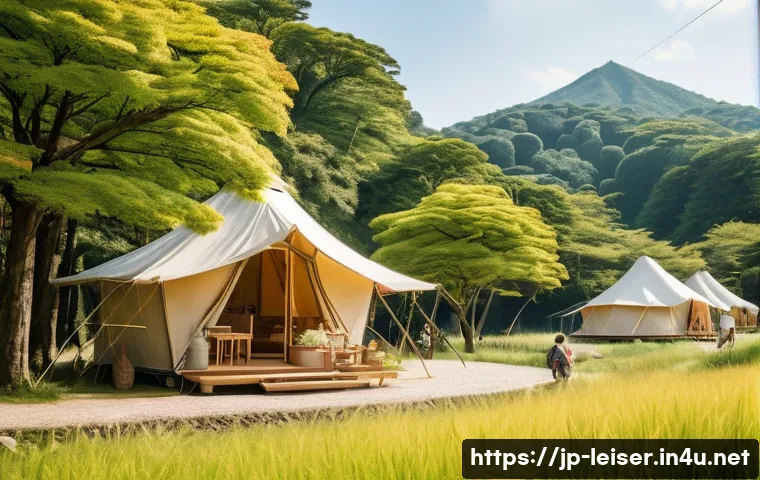 레저산업기사 관련 취업 시장 분석 - **Prompt:** A vibrant, sun-drenched scene at a modern, eco-friendly glamping site in rural Japan. Di...