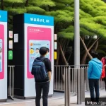 레저산업 실무의 미래 전망 - A vibrant, modern Japanese theme park entrance bustling with diverse visitors using smart technology...