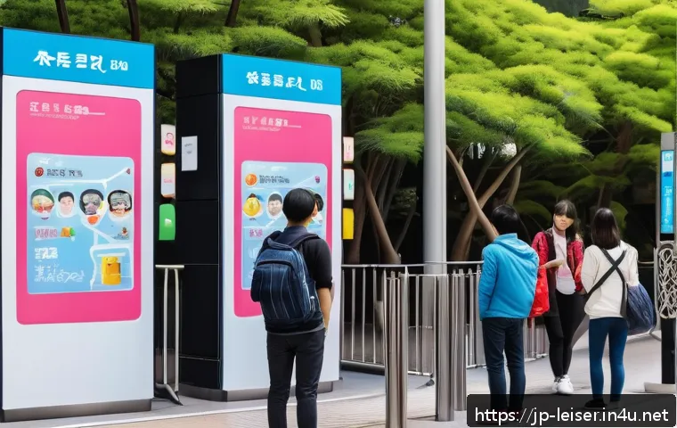 레저산업 실무의 미래 전망 - A vibrant, modern Japanese theme park entrance bustling with diverse visitors using smart technology...