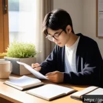 레저산업기사 필기 공부법 - A diligent Japanese young adult studying efficiently at a tidy desk in a bright modern room, morning...