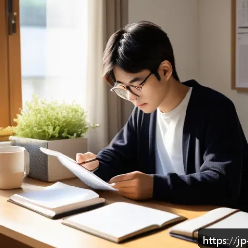 레저산업기사 필기 공부법 - A diligent Japanese young adult studying efficiently at a tidy desk in a bright modern room, morning...