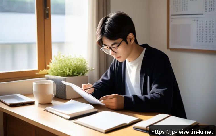 레저산업기사 필기 공부법 - A diligent Japanese young adult studying efficiently at a tidy desk in a bright modern room, morning...