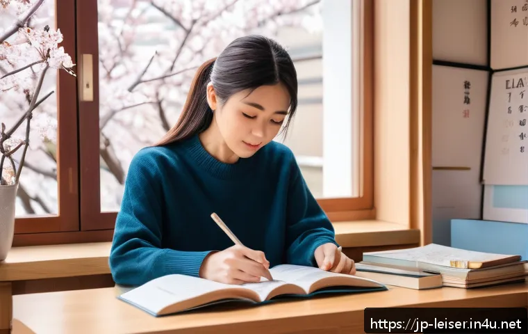 레저산업기사 자격증 합격을 위한 플래너 - A modern Japanese study room with a young adult sitting at a tidy desk, surrounded by colorful textb...