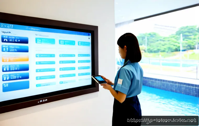 레저산업 실무에서의 기술 업그레이드 - Photorealistic modern Japanese resort operations center, a leisure industry manager and technician r...