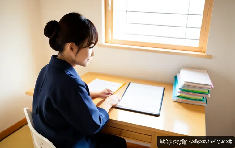 레저산업기사 시험에서 실패 후 재도전 후기 - Photorealistic Japanese adult candidate at a tidy home desk, calmly preparing for a leisure industry...